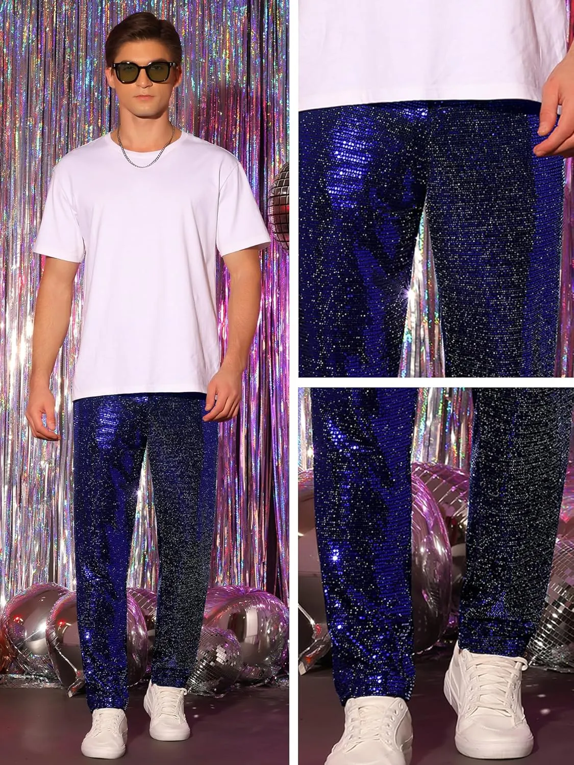 Lars Amadeus Sequins Pants for Men's Party Disco Shiny Sparkly Straight Leg Trousers