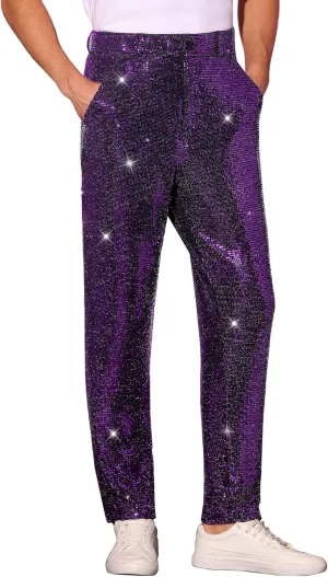 Lars Amadeus Sequins Pants for Men's Party Disco Shiny Sparkly Straight Leg Trousers