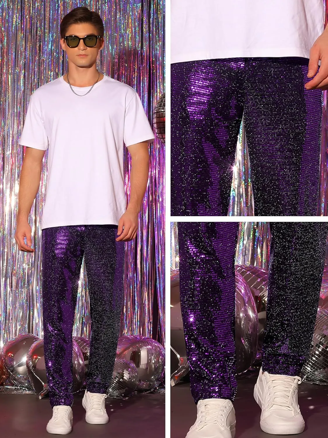 Lars Amadeus Sequins Pants for Men's Party Disco Shiny Sparkly Straight Leg Trousers