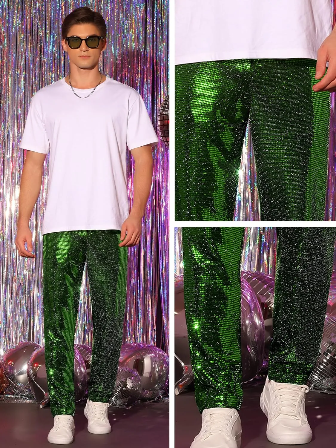 Lars Amadeus Sequins Pants for Men's Party Disco Shiny Sparkly Straight Leg Trousers