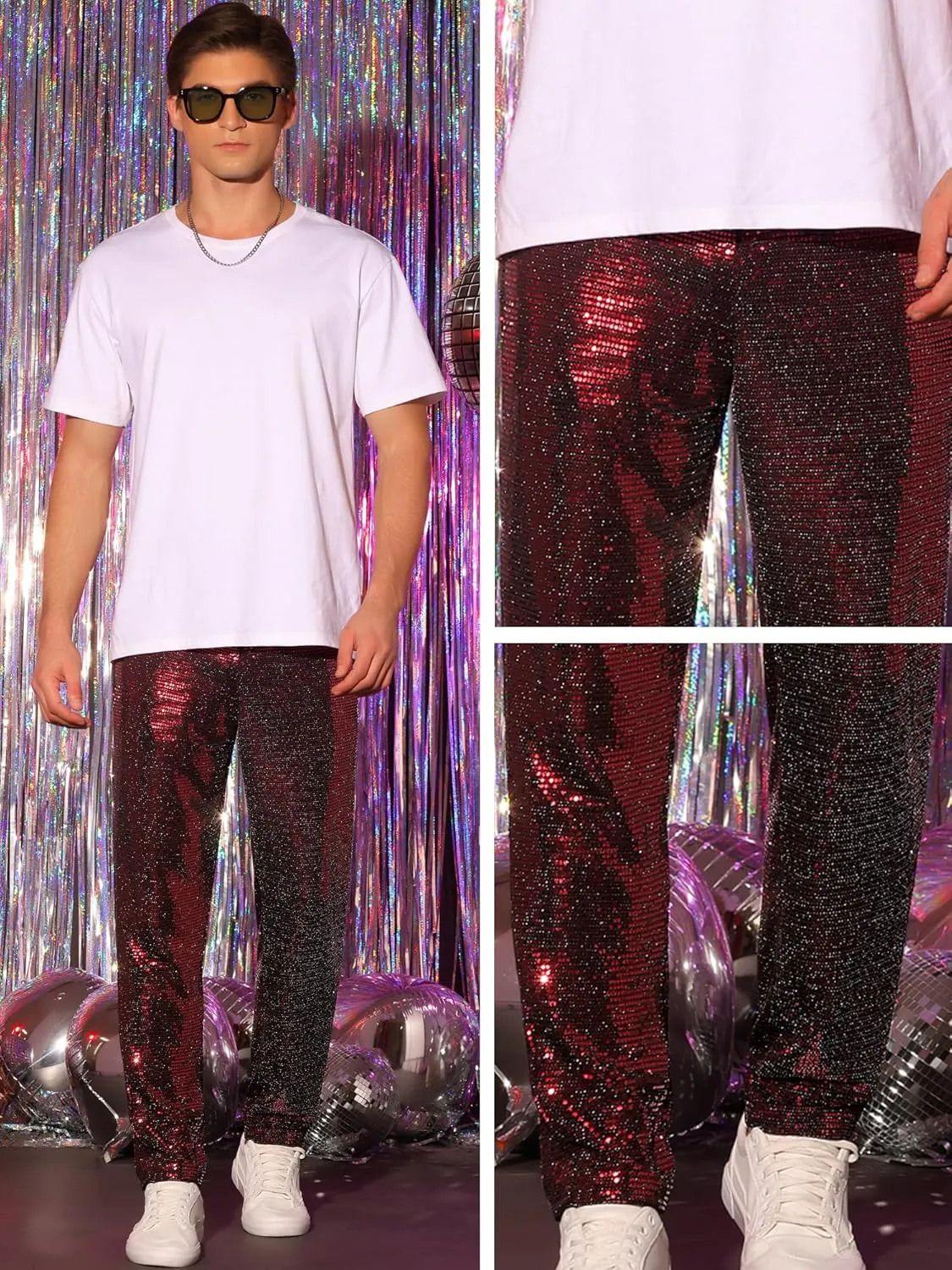 Lars Amadeus Sequins Pants for Men's Party Disco Shiny Sparkly Straight Leg Trousers
