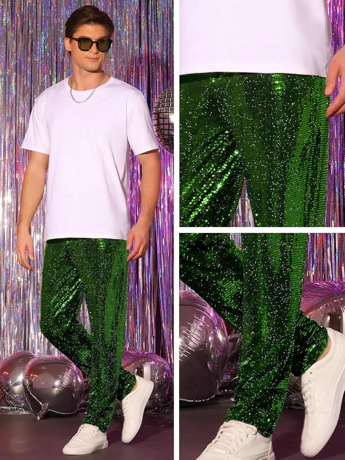 Lars Amadeus Sequins Pants for Men's Party Disco Shiny Sparkly Straight Leg Trousers