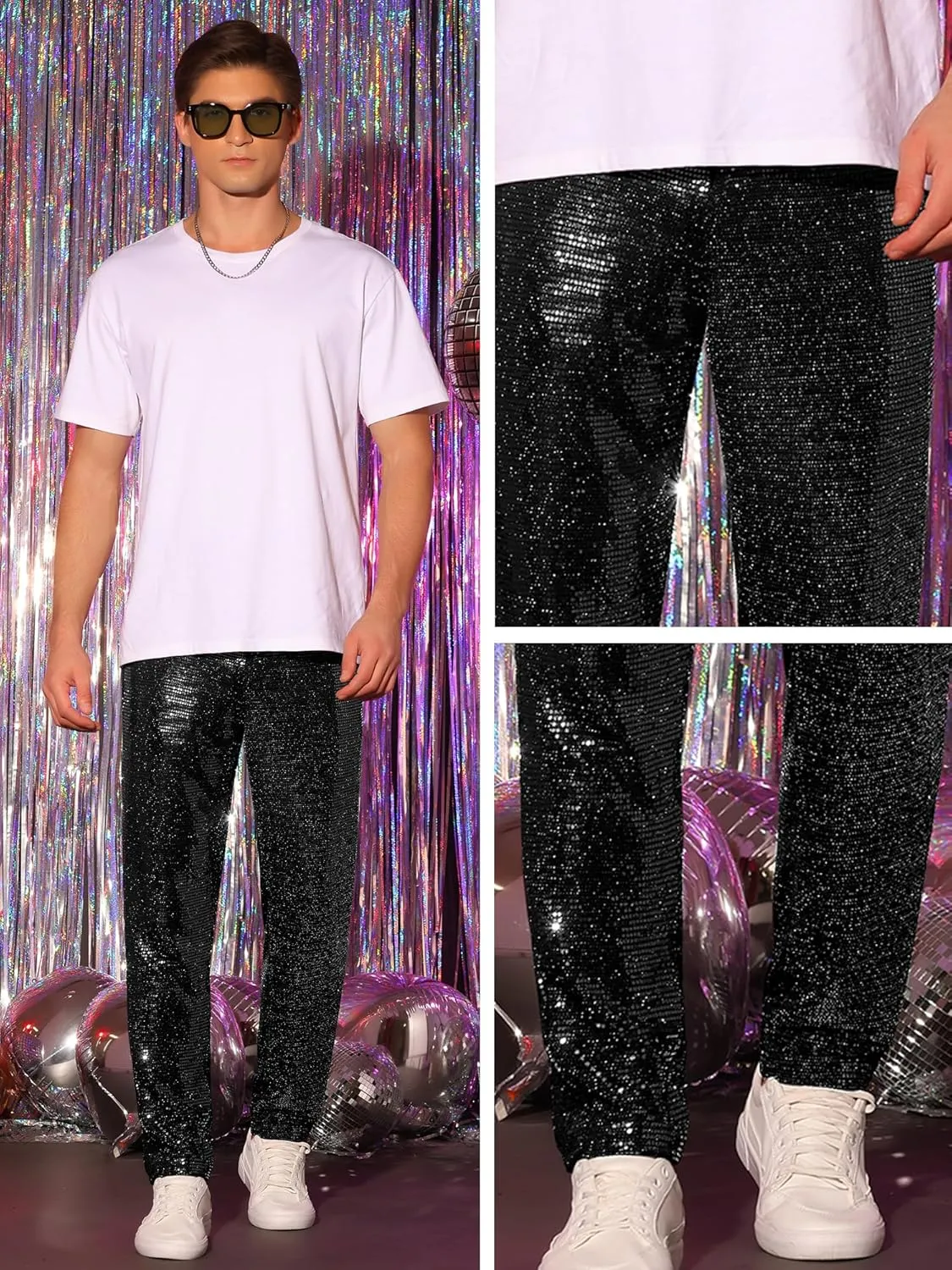 Lars Amadeus Sequins Pants for Men's Party Disco Shiny Sparkly Straight Leg Trousers