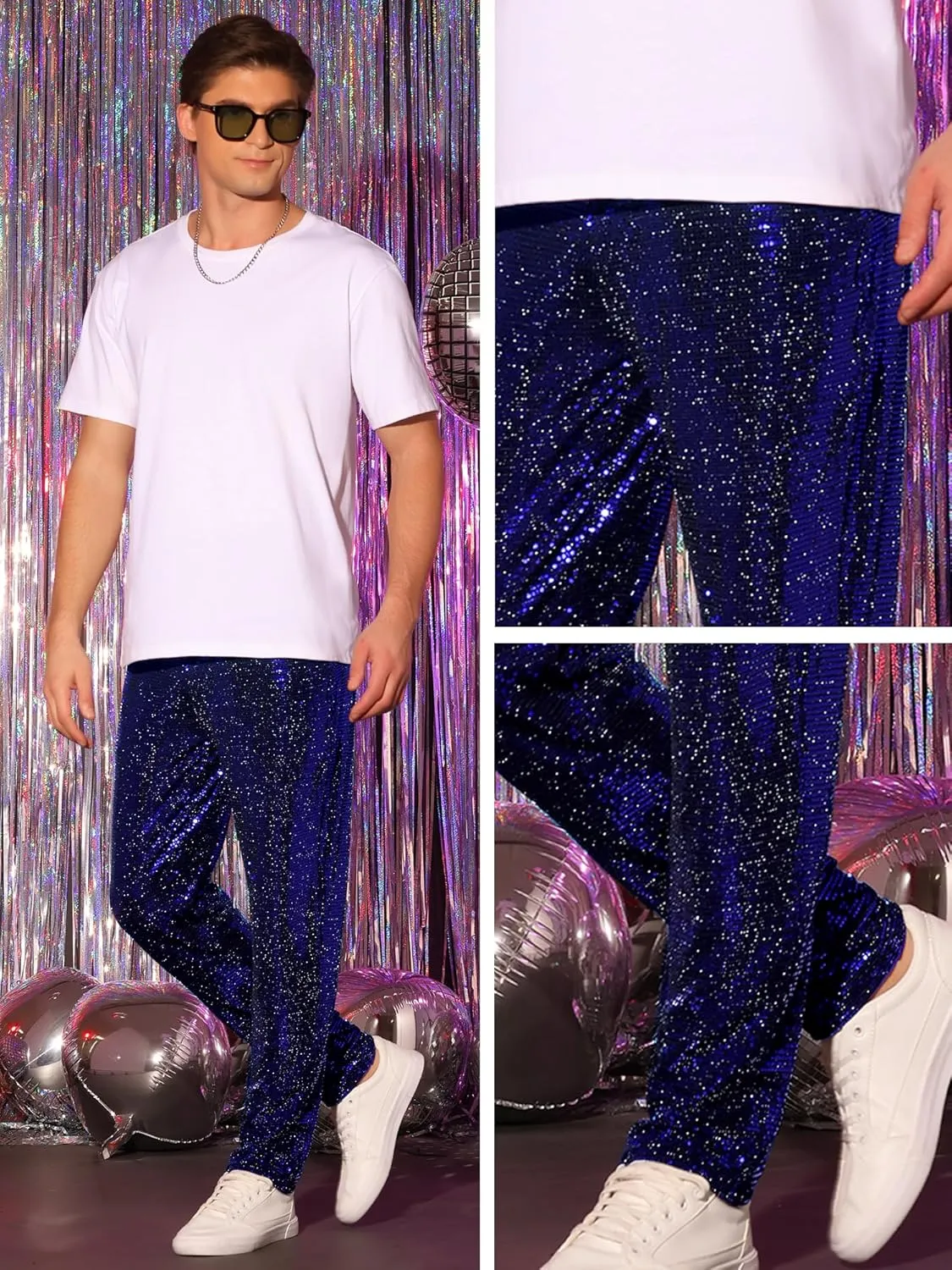 Lars Amadeus Sequins Pants for Men's Party Disco Shiny Sparkly Straight Leg Trousers