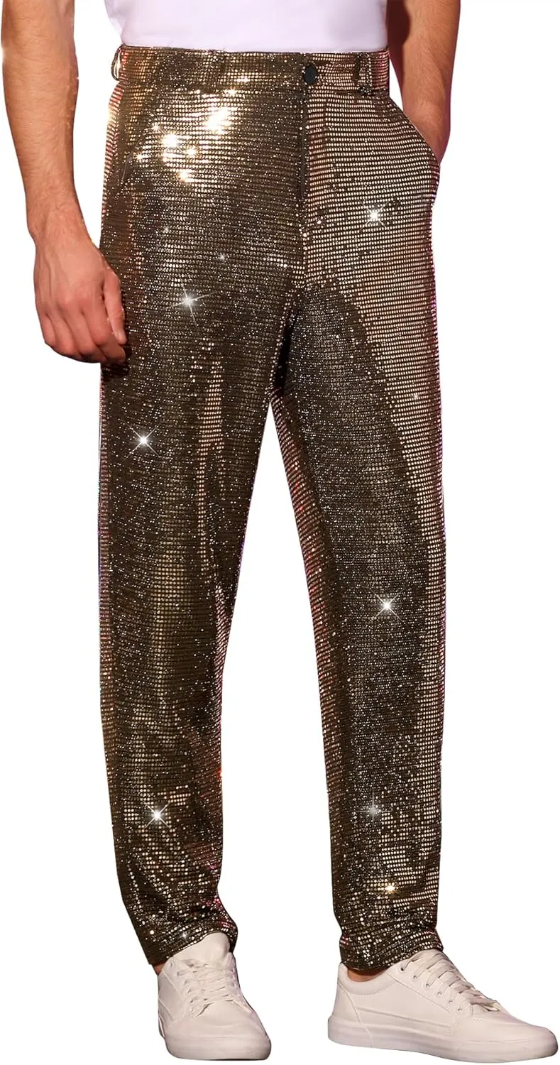 Lars Amadeus Sequins Pants for Men's Party Disco Shiny Sparkly Straight Leg Trousers