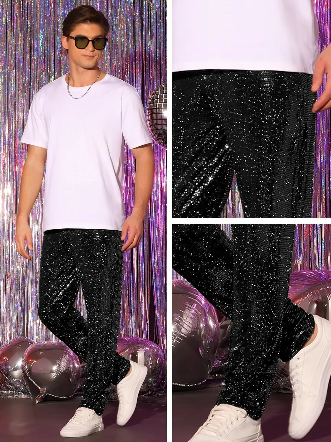 Lars Amadeus Sequins Pants for Men's Party Disco Shiny Sparkly Straight Leg Trousers