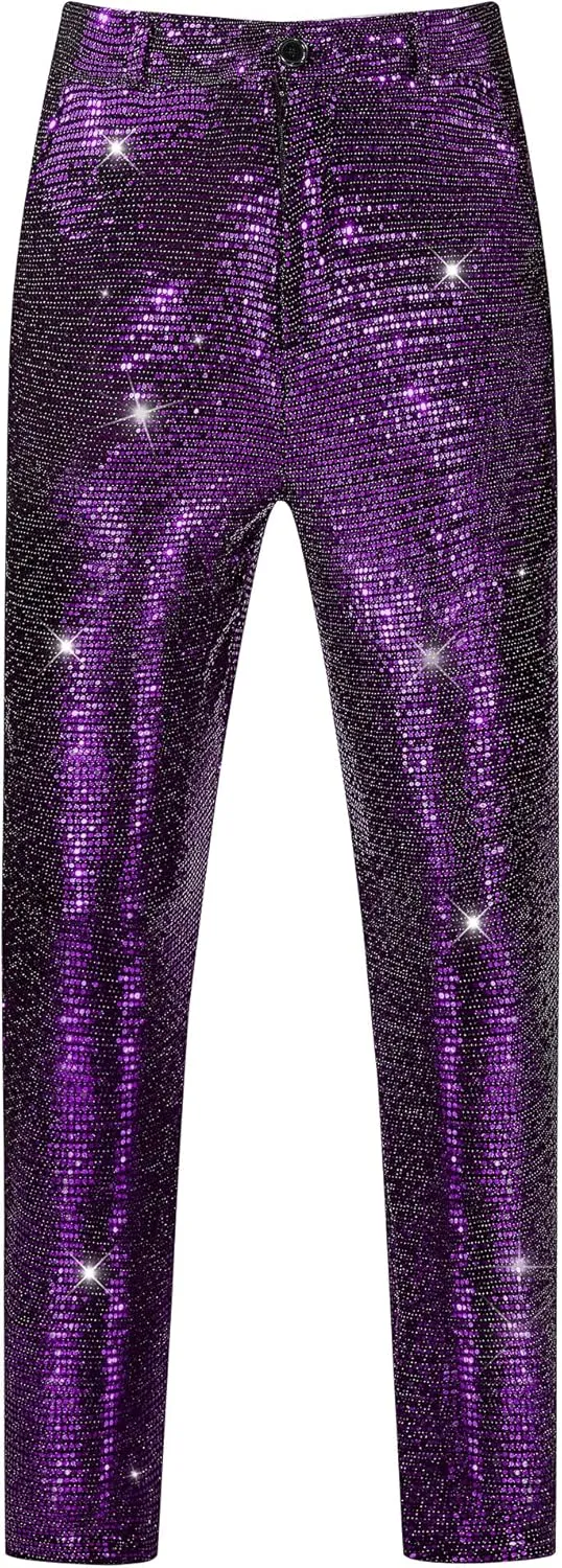 Lars Amadeus Sequins Pants for Men's Party Disco Shiny Sparkly Straight Leg Trousers