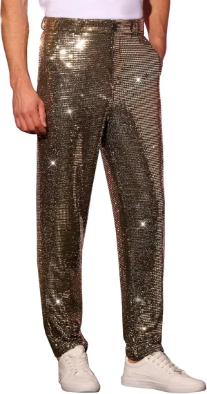 Lars Amadeus Sequins Pants for Men's Party Disco Shiny Sparkly Straight Leg Trousers