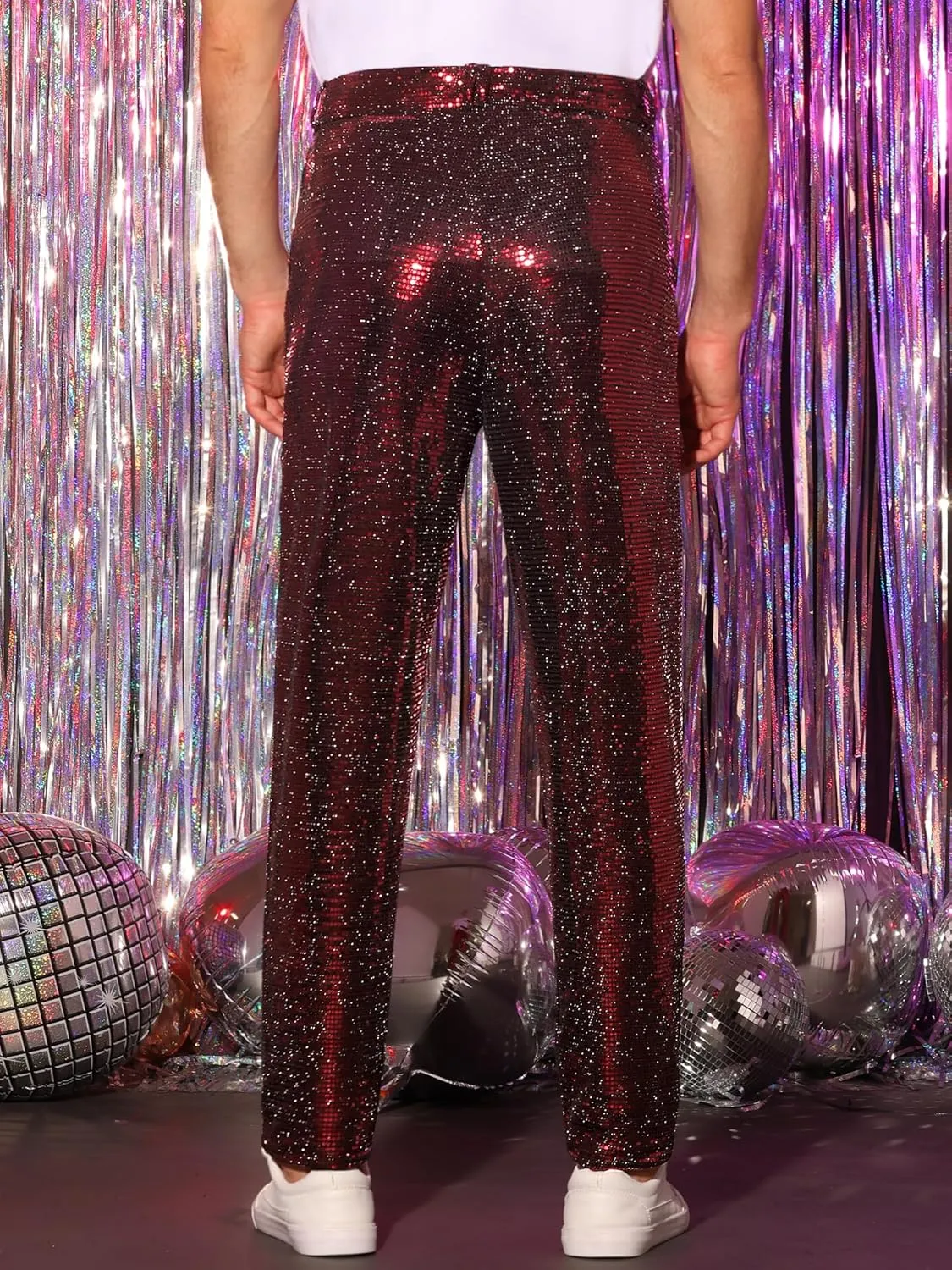 Lars Amadeus Sequins Pants for Men's Party Disco Shiny Sparkly Straight Leg Trousers