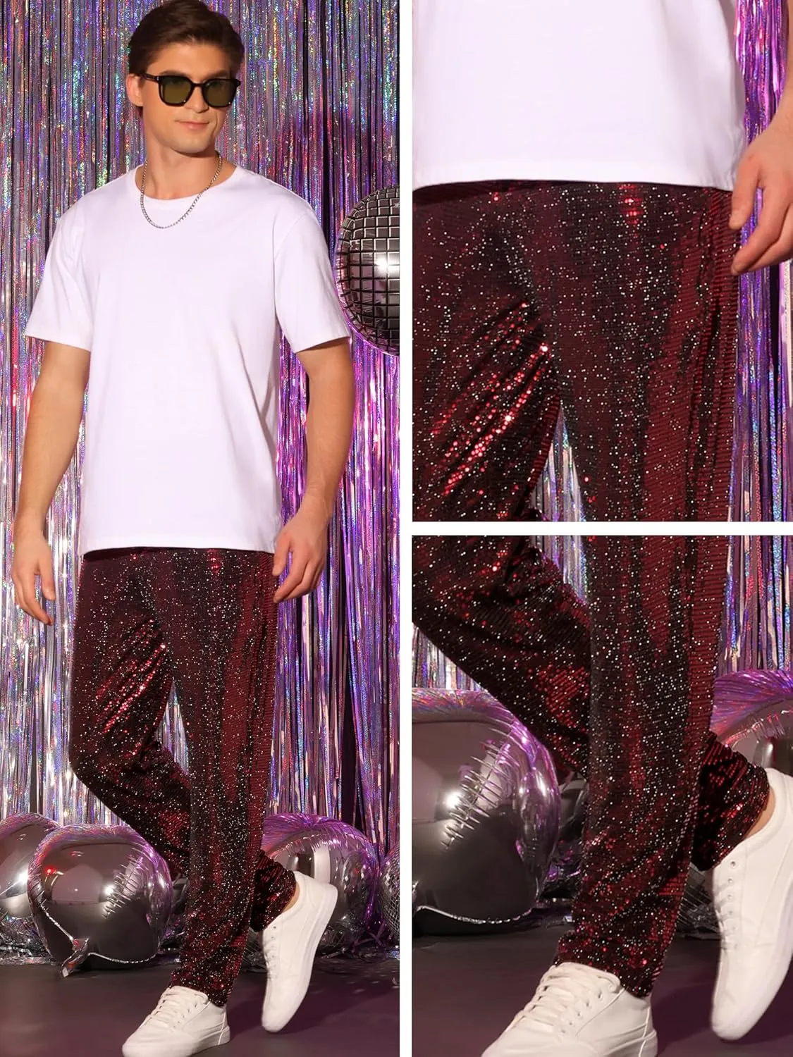 Lars Amadeus Sequins Pants for Men's Party Disco Shiny Sparkly Straight Leg Trousers