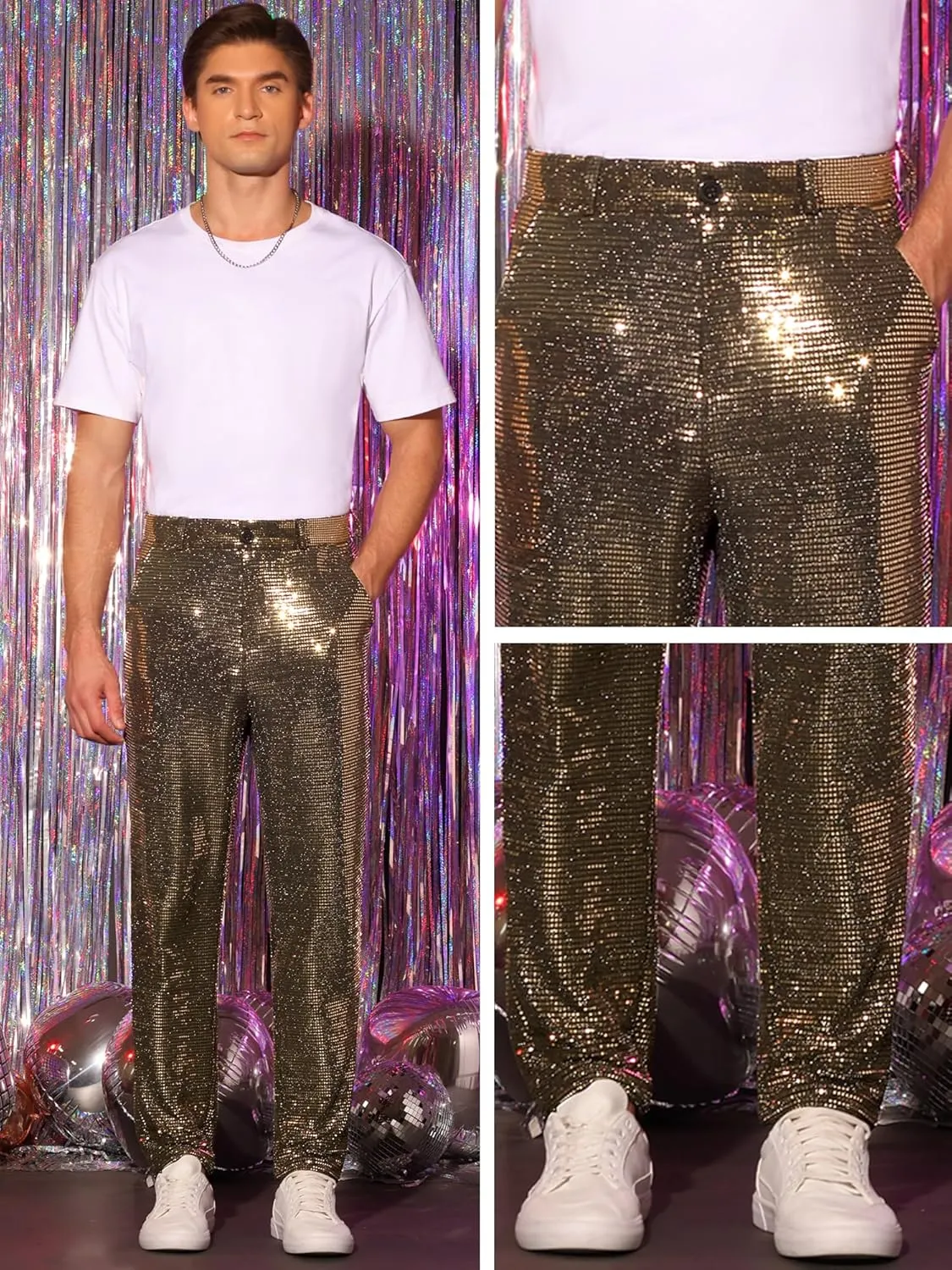 Lars Amadeus Sequins Pants for Men's Party Disco Shiny Sparkly Straight Leg Trousers