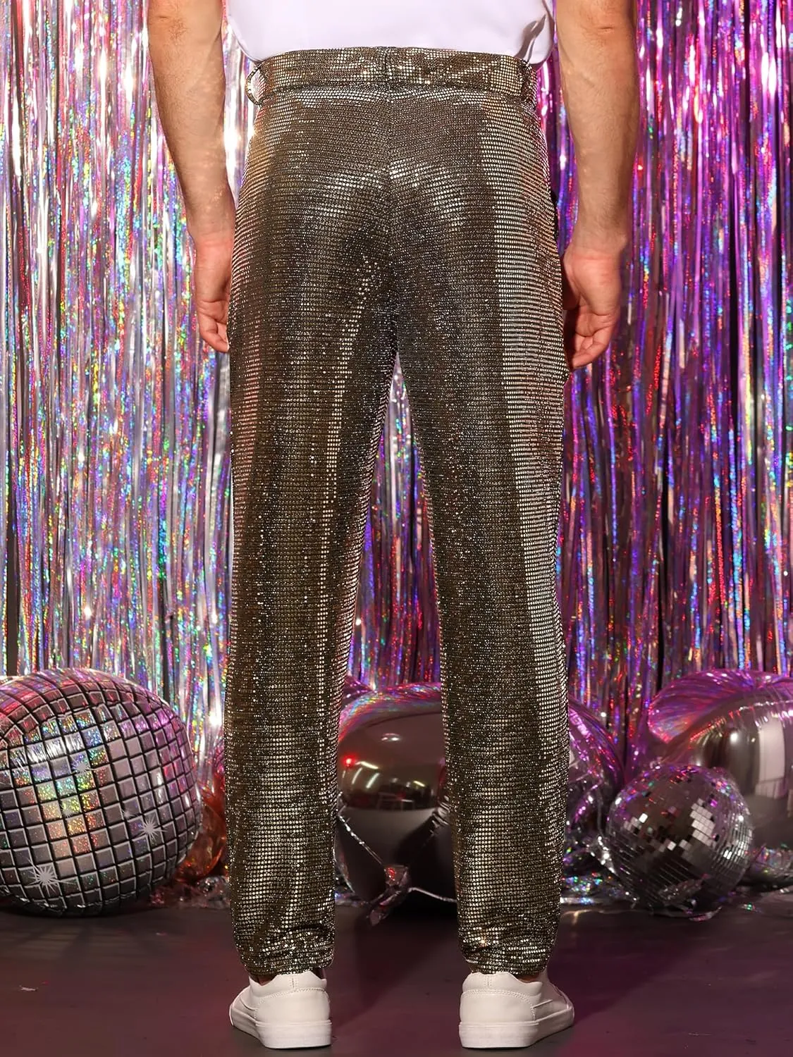 Lars Amadeus Sequins Pants for Men's Party Disco Shiny Sparkly Straight Leg Trousers