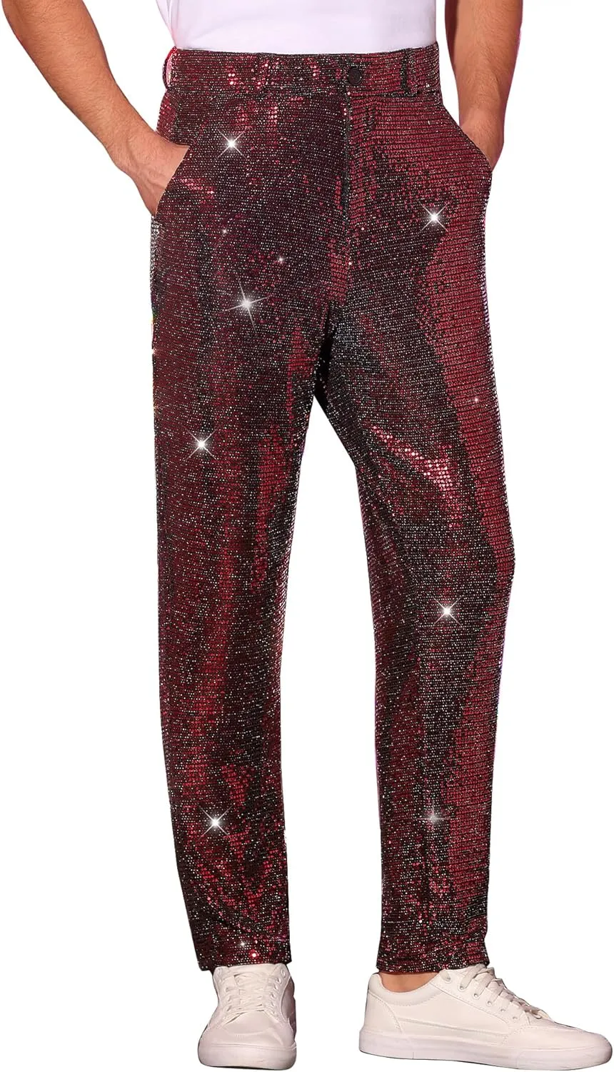 Lars Amadeus Sequins Pants for Men's Party Disco Shiny Sparkly Straight Leg Trousers
