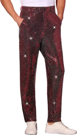 Lars Amadeus Sequins Pants for Men's Party Disco Shiny Sparkly Straight Leg Trousers