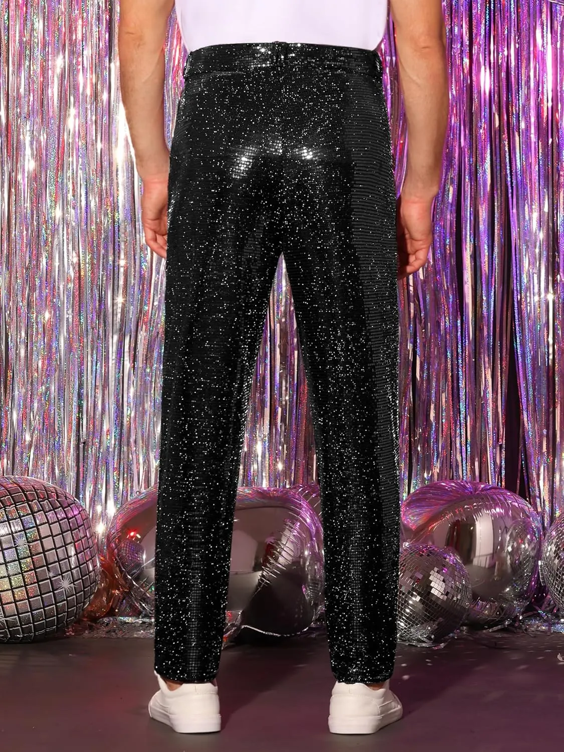 Lars Amadeus Sequins Pants for Men's Party Disco Shiny Sparkly Straight Leg Trousers