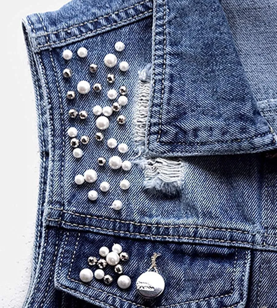 Lazutom Women's Beading Pearls Sleeveless Denim Vest Jean Waistcoat Jacket