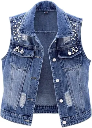 Lazutom Women's Beading Pearls Sleeveless Denim Vest Jean Waistcoat Jacket