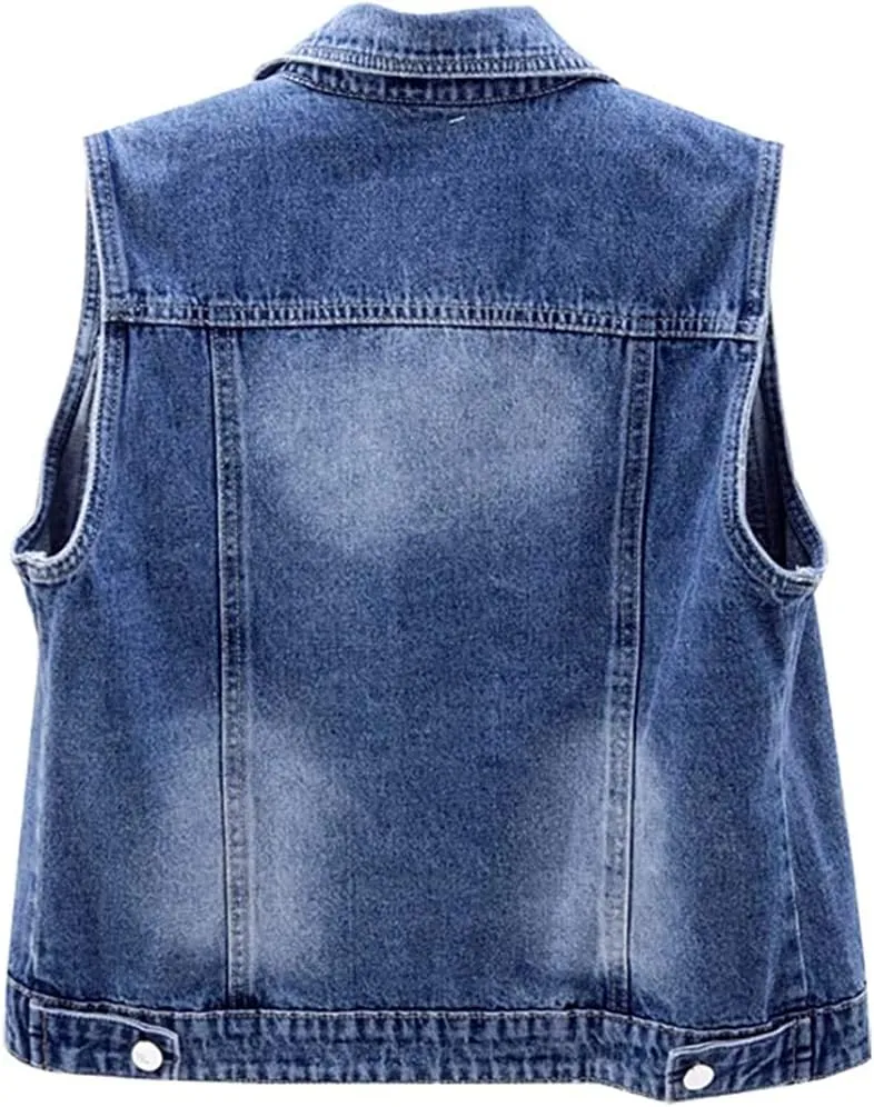 Lazutom Women's Beading Pearls Sleeveless Denim Vest Jean Waistcoat Jacket