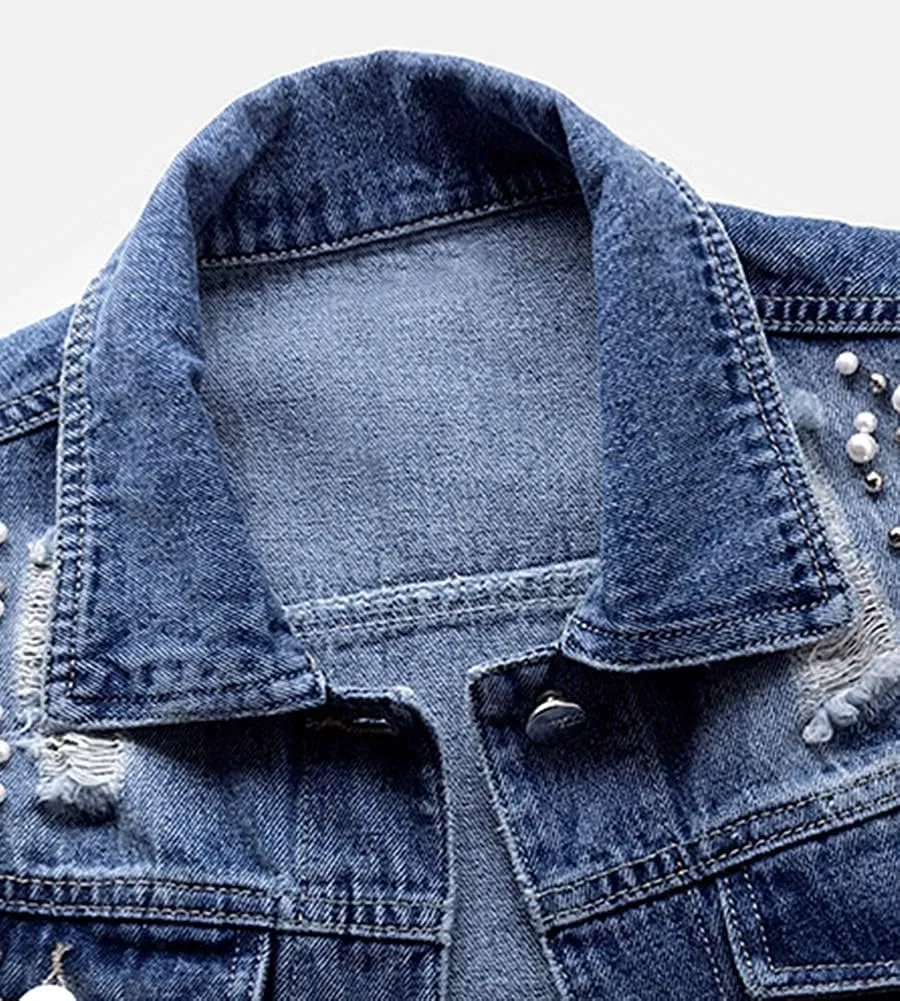 Lazutom Women's Beading Pearls Sleeveless Denim Vest Jean Waistcoat Jacket
