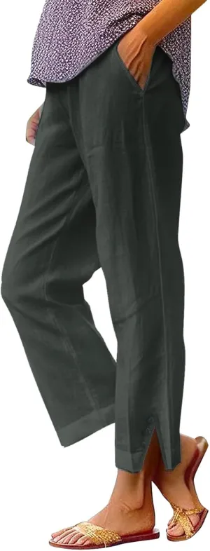 Leggings for Women Solid Elastic Pants Long Drawstring Linen Women Waist Cotton Casual Slit Trouser Legs Pants