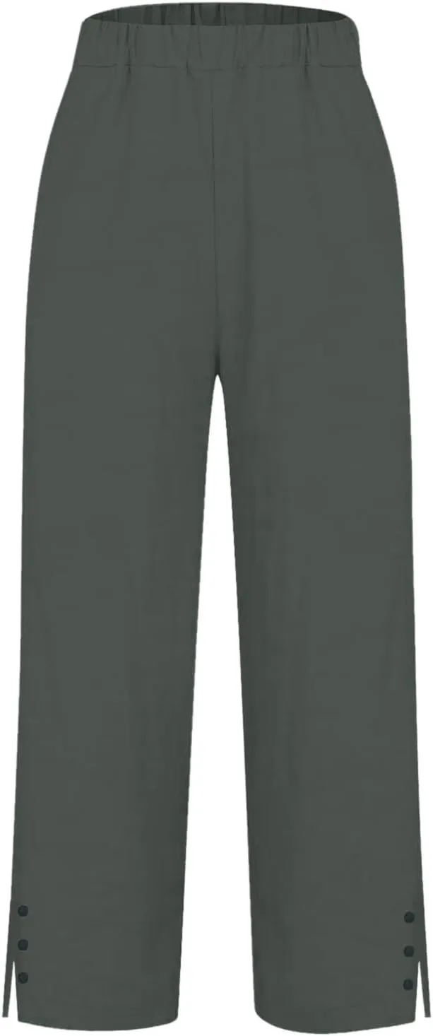 Leggings for Women Solid Elastic Pants Long Drawstring Linen Women Waist Cotton Casual Slit Trouser Legs Pants