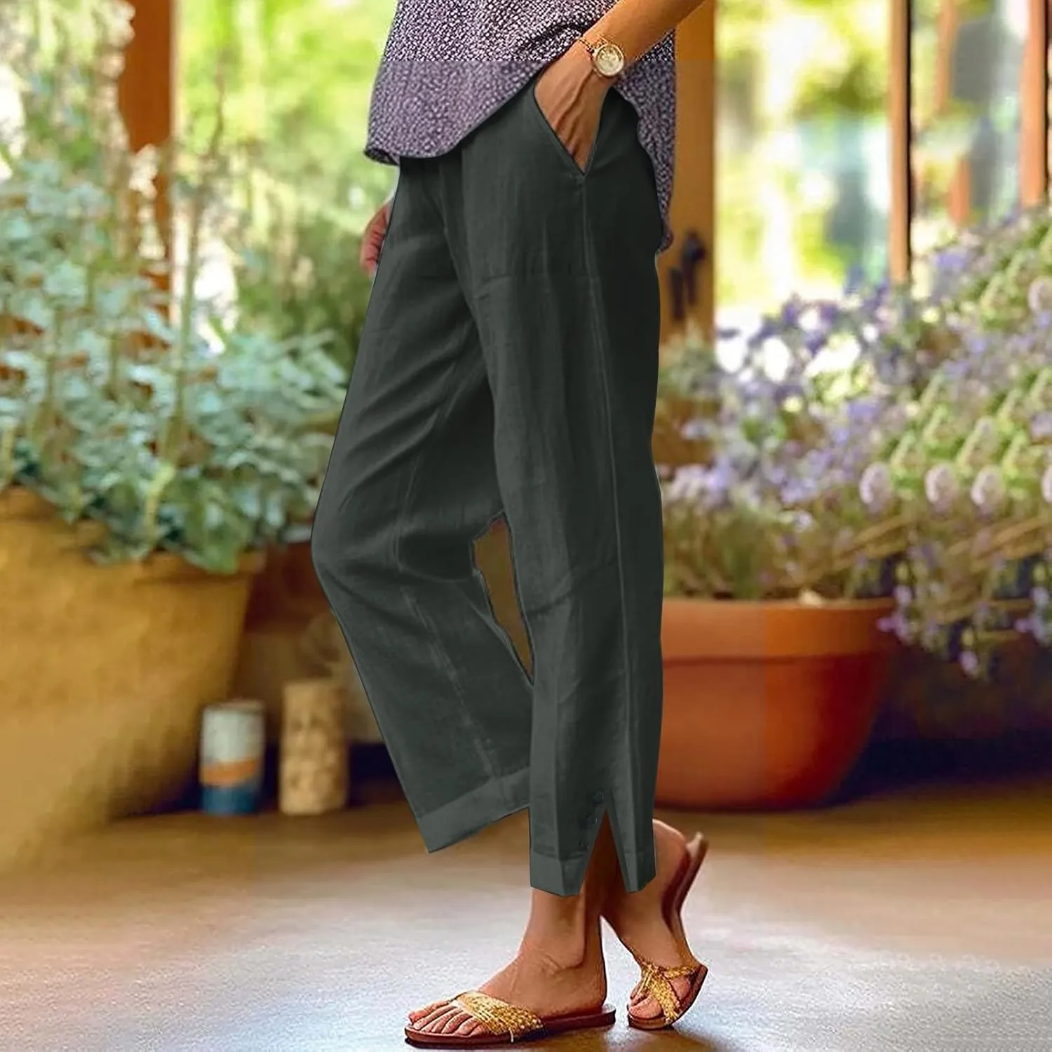 Leggings for Women Solid Elastic Pants Long Drawstring Linen Women Waist Cotton Casual Slit Trouser Legs Pants