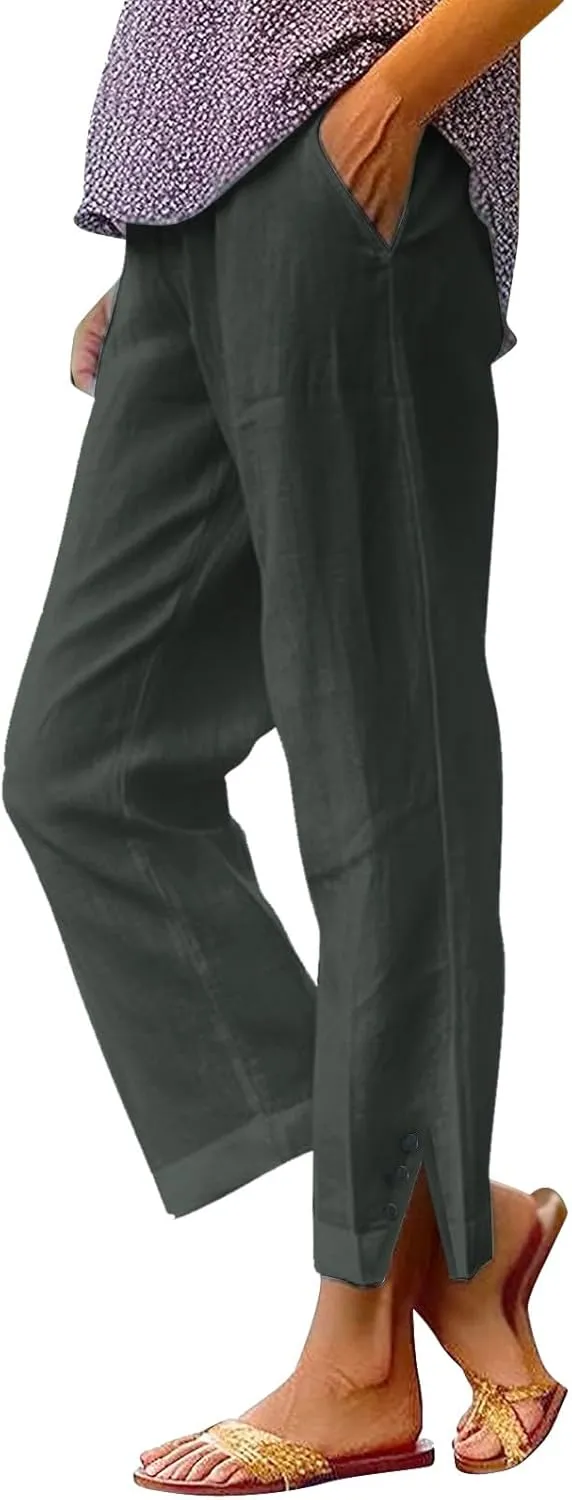 Leggings for Women Solid Elastic Pants Long Drawstring Linen Women Waist Cotton Casual Slit Trouser Legs Pants