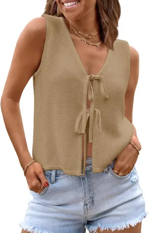 LILLUSORY Womens Crochet Tops Summer Vacation Outfits Beach Fashion 2025 Cute Casual Clothes Spring Tie Front Sweater Vest