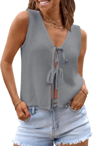 LILLUSORY Womens Crochet Tops Summer Vacation Outfits Beach Fashion 2025 Cute Casual Clothes Spring Tie Front Sweater Vest