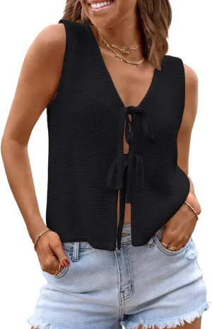 LILLUSORY Womens Crochet Tops Summer Vacation Outfits Beach Fashion 2025 Cute Casual Clothes Spring Tie Front Sweater Vest