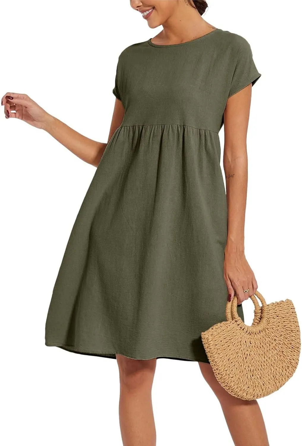 Linen Dresses for Women 2025 Summer Plus Size Short Sleeve Midi Dress Casual Loose Flowy Beach Sundresses with Pockets