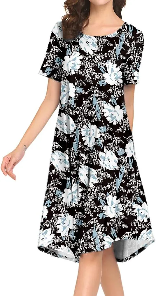 Locryz Women's Short Sleeve Pocket Swing Midi Dress Casual Loose T-Shirt Dress