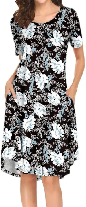 Locryz Women's Short Sleeve Pocket Swing Midi Dress Casual Loose T-Shirt Dress