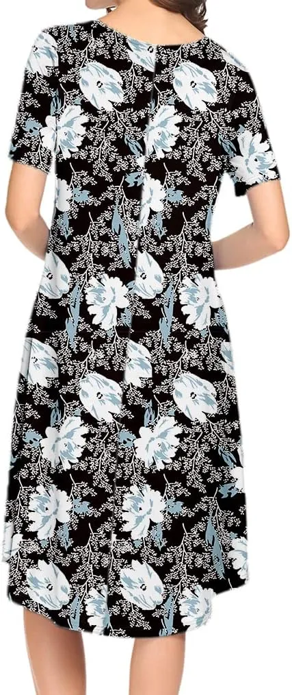 Locryz Women's Short Sleeve Pocket Swing Midi Dress Casual Loose T-Shirt Dress