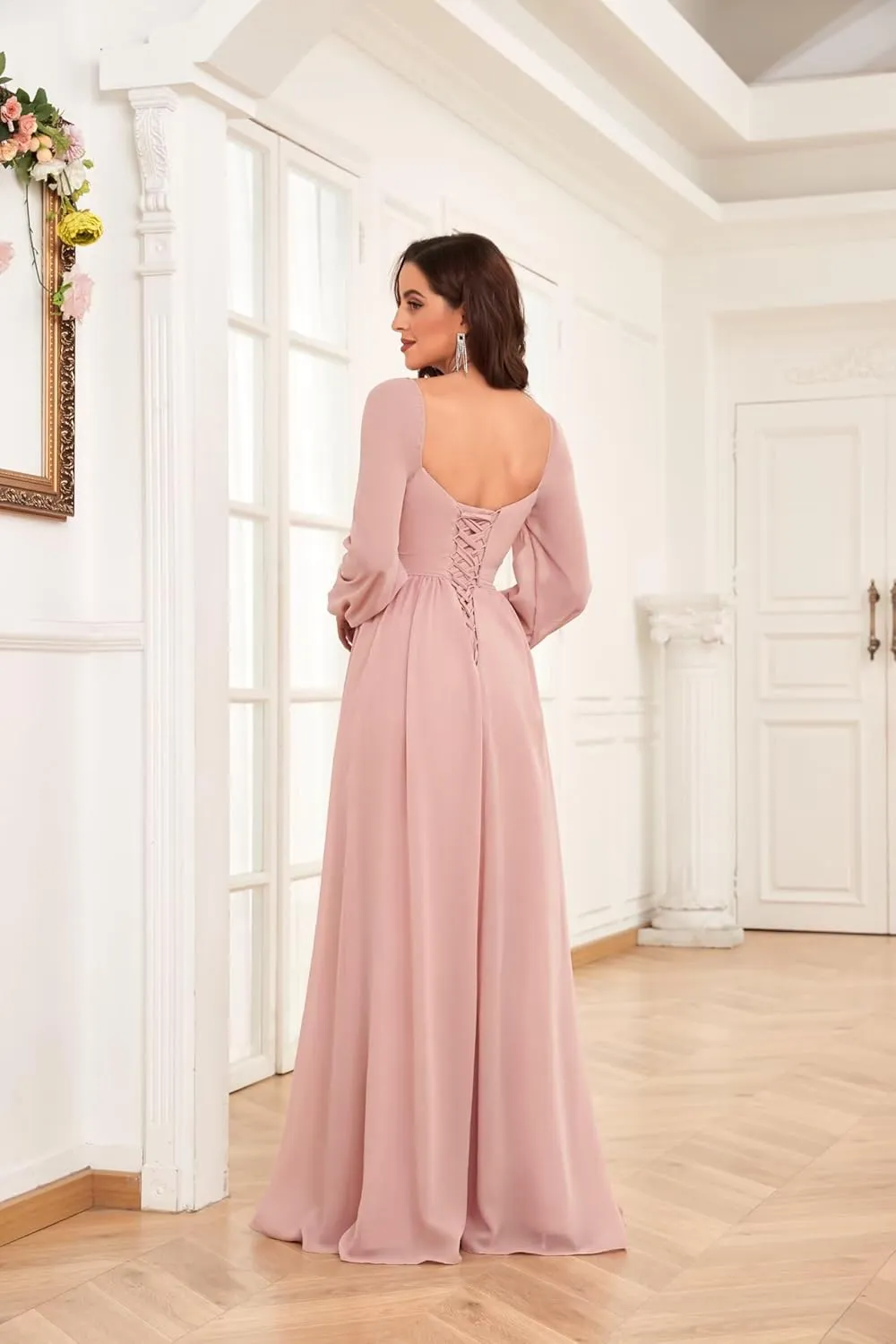 Long Sleeve Bridesmaid Dresses for Women Long Pleated Chiffon Formal Evening Dresses with Slit
