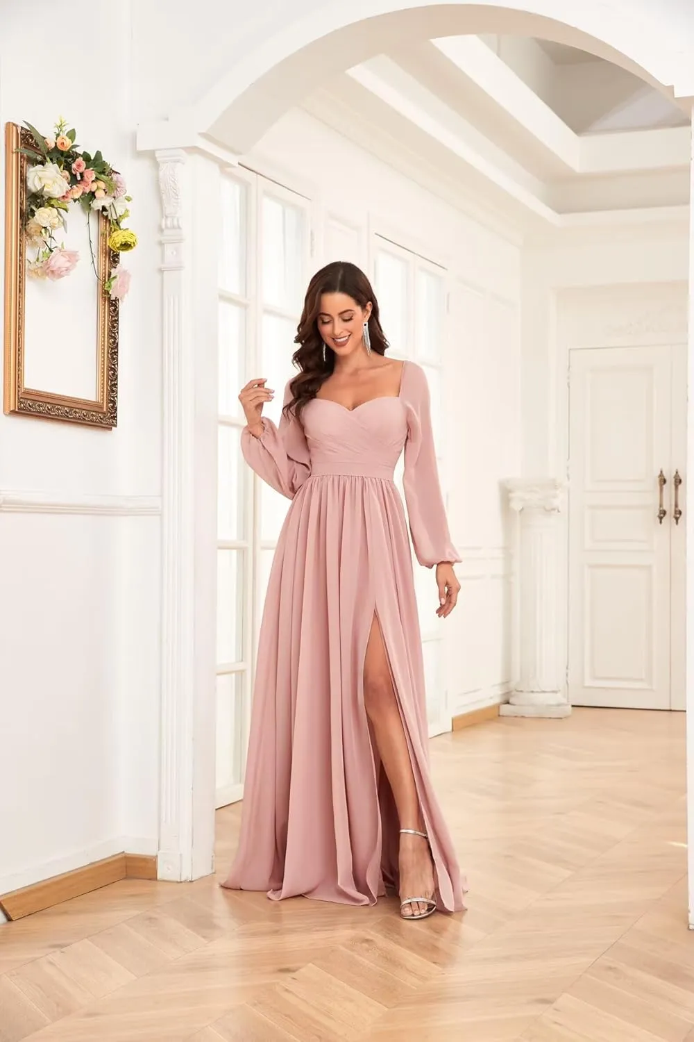 Long Sleeve Bridesmaid Dresses for Women Long Pleated Chiffon Formal Evening Dresses with Slit