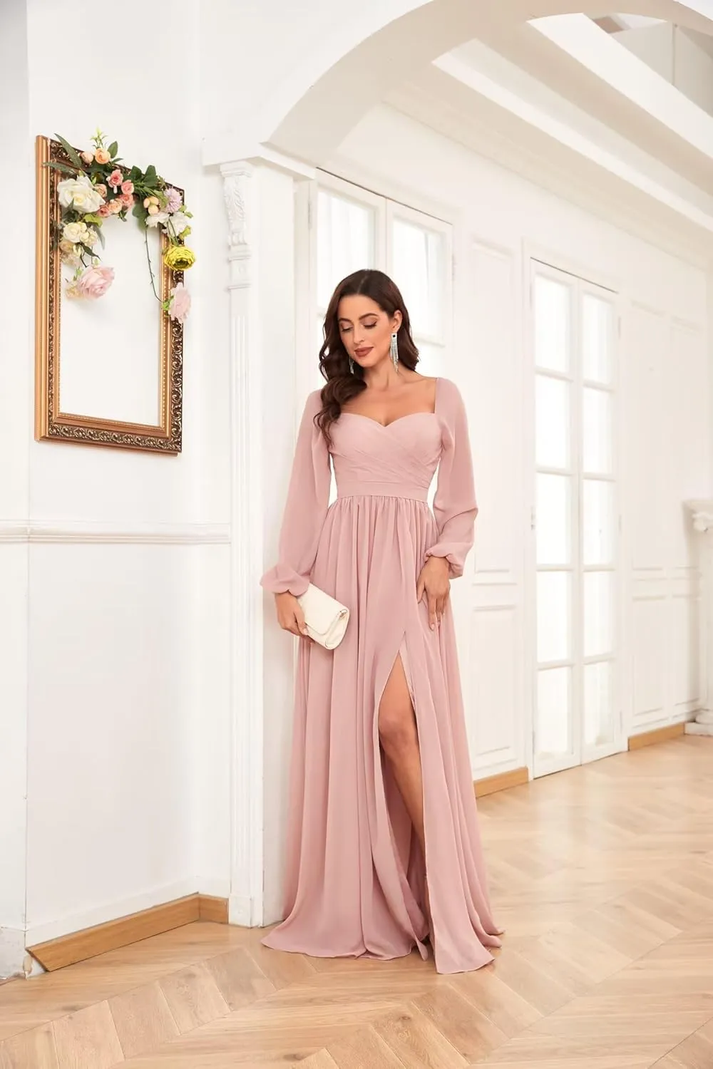 Long Sleeve Bridesmaid Dresses for Women Long Pleated Chiffon Formal Evening Dresses with Slit