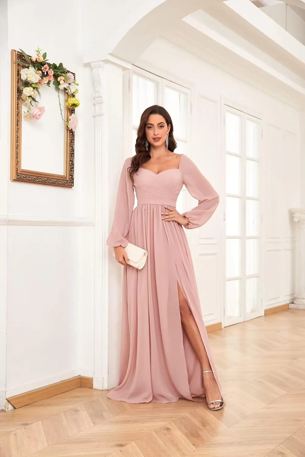 Long Sleeve Bridesmaid Dresses for Women Long Pleated Chiffon Formal Evening Dresses with Slit