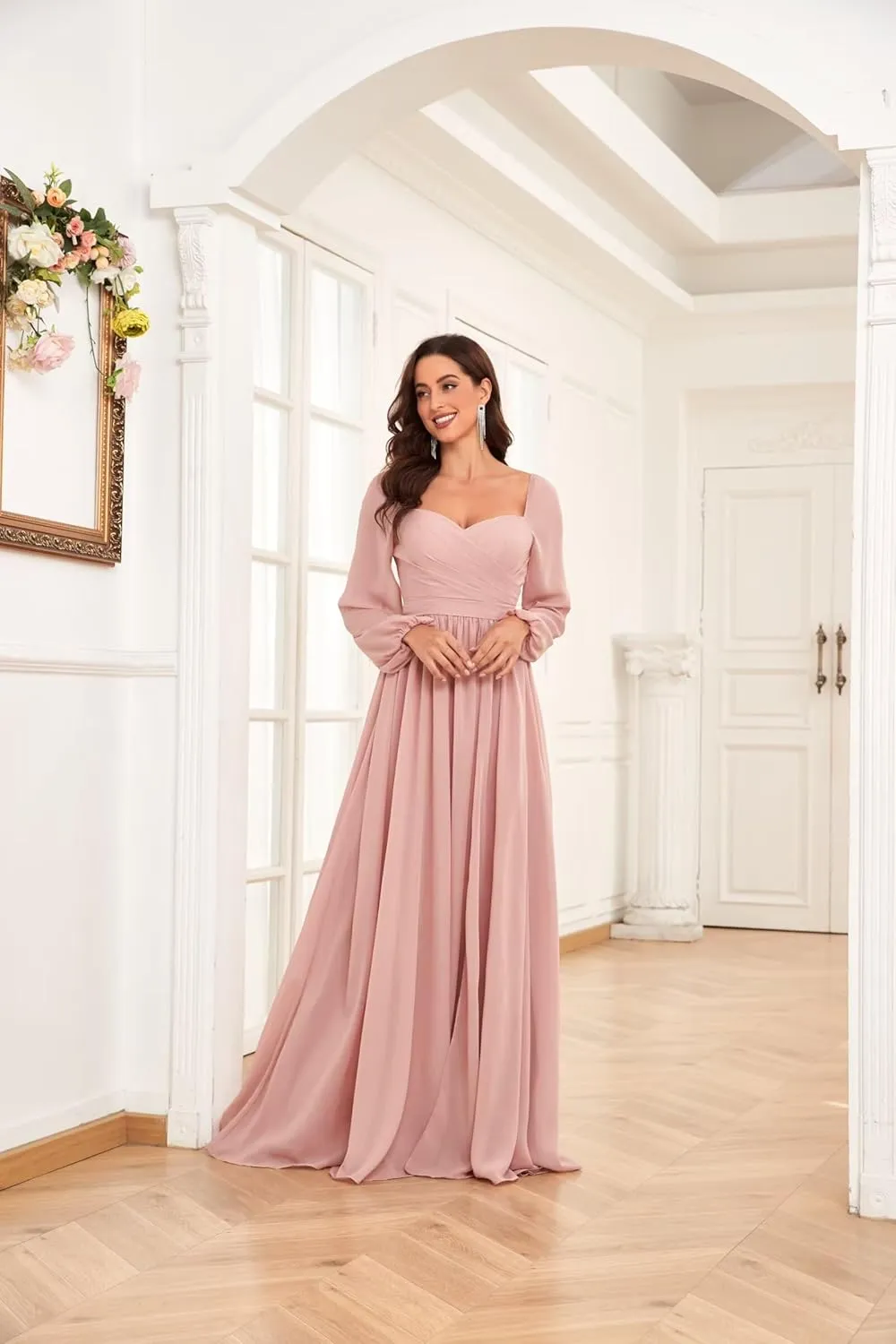 Long Sleeve Bridesmaid Dresses for Women Long Pleated Chiffon Formal Evening Dresses with Slit