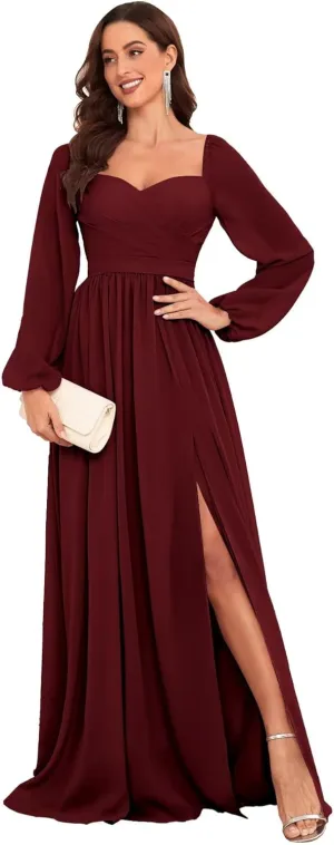 Long Sleeve Bridesmaid Dresses for Women Long Pleated Chiffon Formal Evening Dresses with Slit