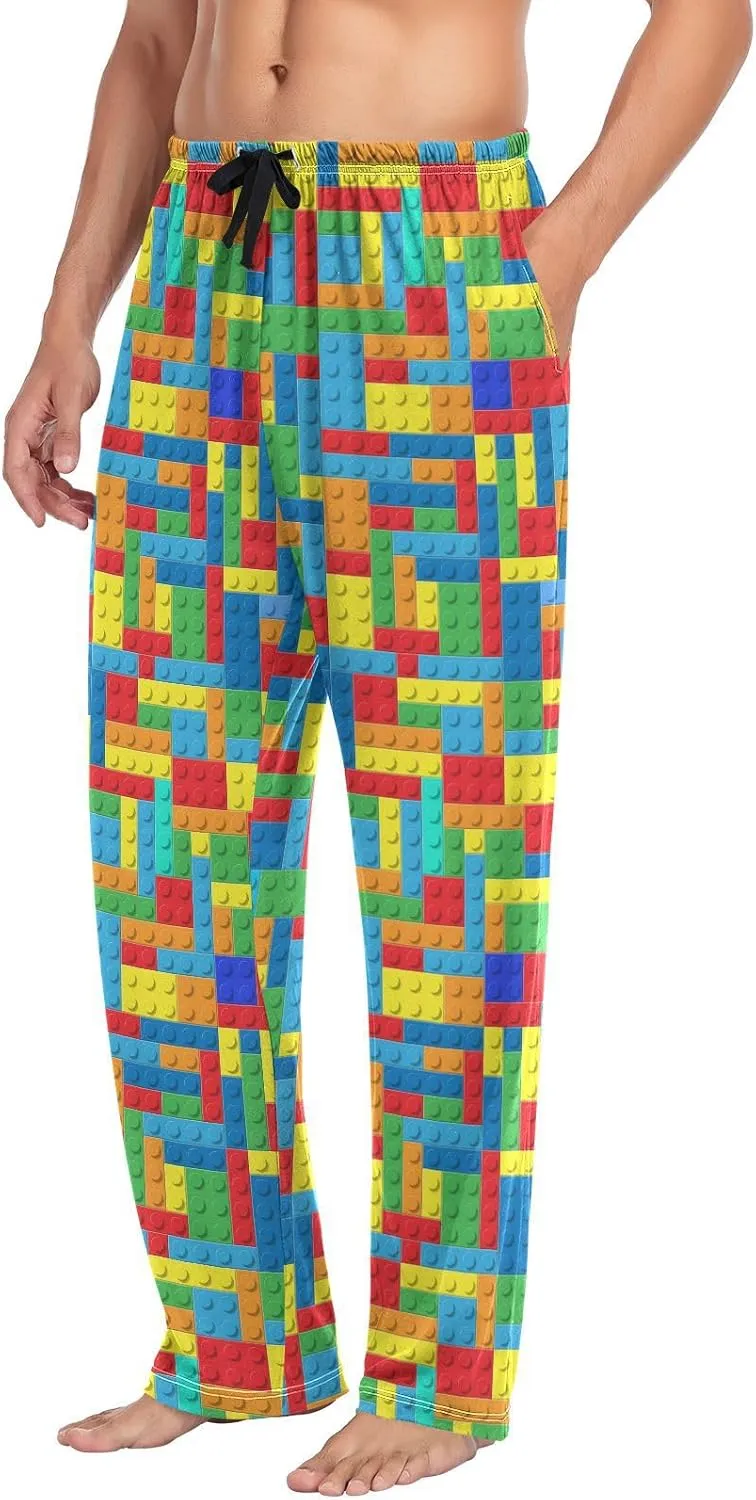 Lounge Pajama Pants for Men Building Blocks Men's Sleep Bottoms Pants with Drawstring Sleepwear, S