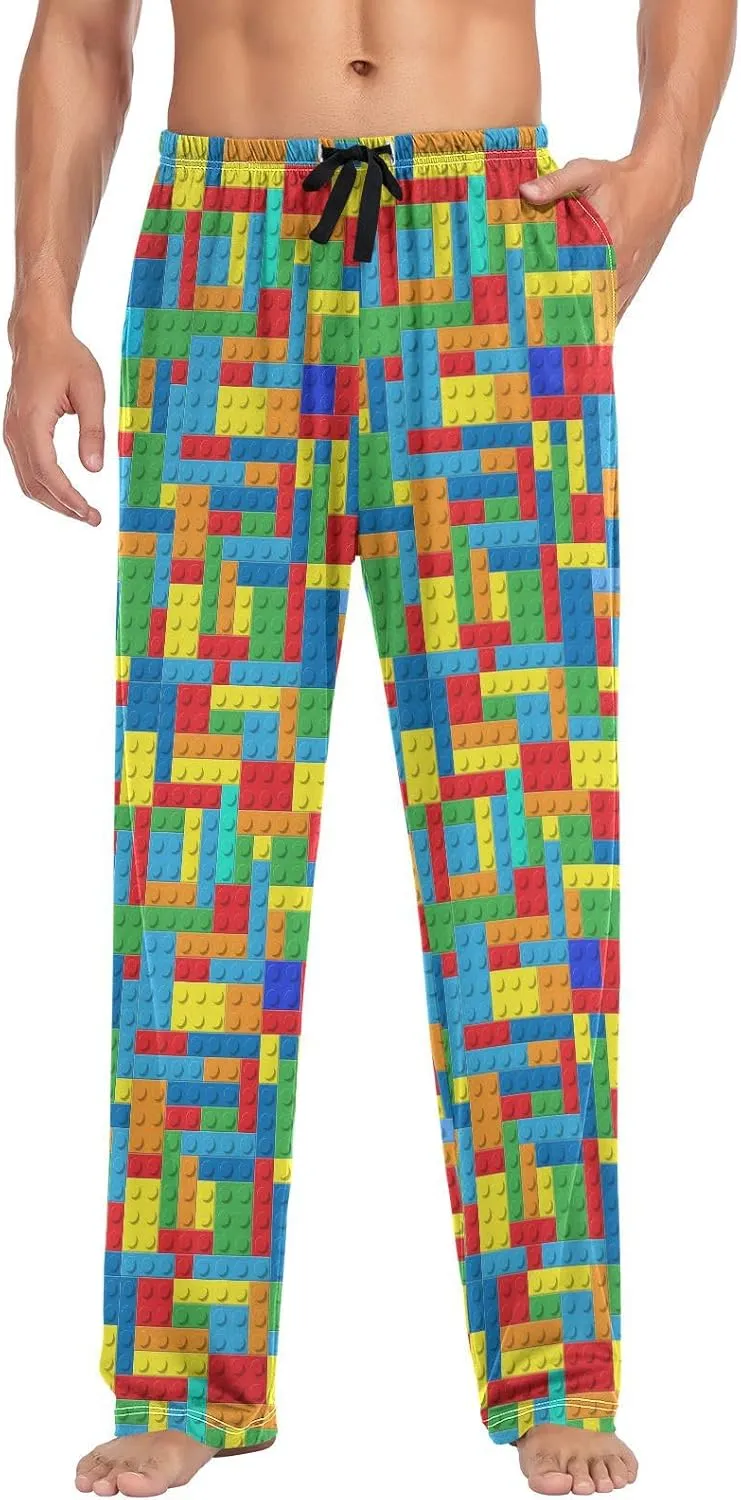 Lounge Pajama Pants for Men Building Blocks Men's Sleep Bottoms Pants with Drawstring Sleepwear, S