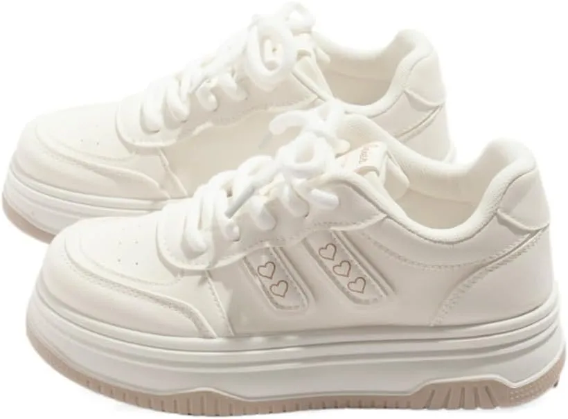 Love Retro Chunky Sneakers - Kawaii Leather Casual Shoes for Women & Girls, Comfy Thick Sole White Low-Top Trainers for Campus Strolls, Daily Wear, Y2K Minimalist Streetwear, Back to School