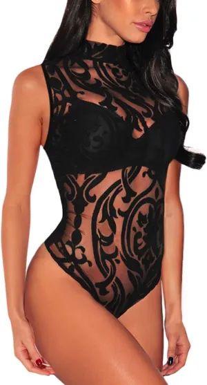 Lrady Women's Sheer Mesh Turtleneck Neck See Through Leotard Bodysuit Body Tops