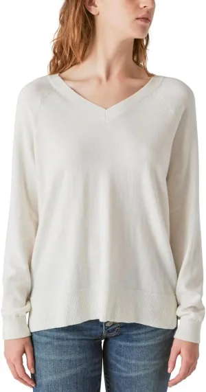 Lucky Brand Women's V-Neck Sweater, Long Sleeves, Side Slits, Cotton Blend, Cream/Green/Red/Black