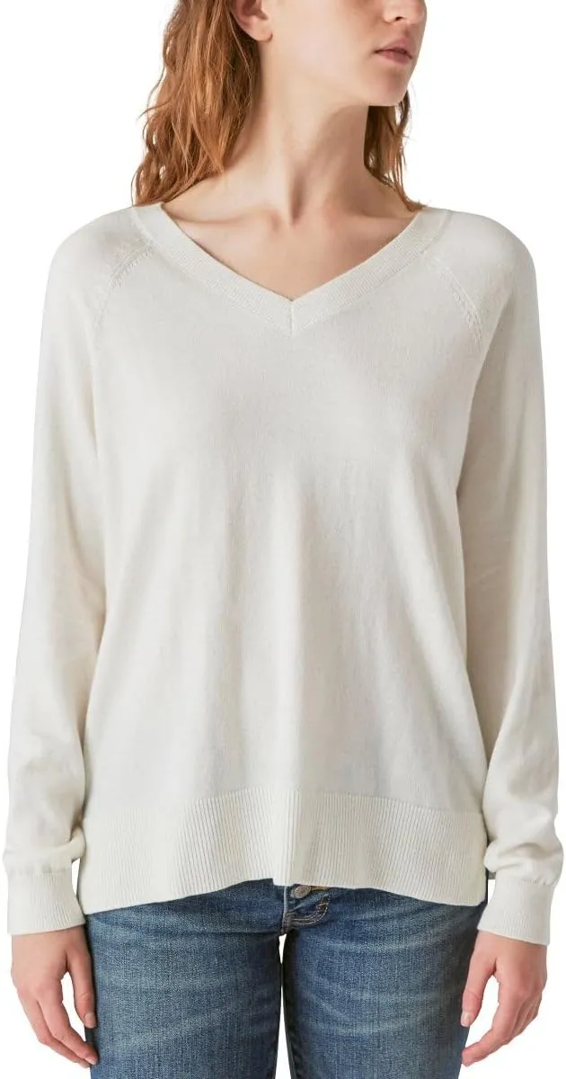 Lucky Brand Women's V-Neck Sweater, Long Sleeves, Side Slits, Cotton Blend, Cream/Green/Red/Black