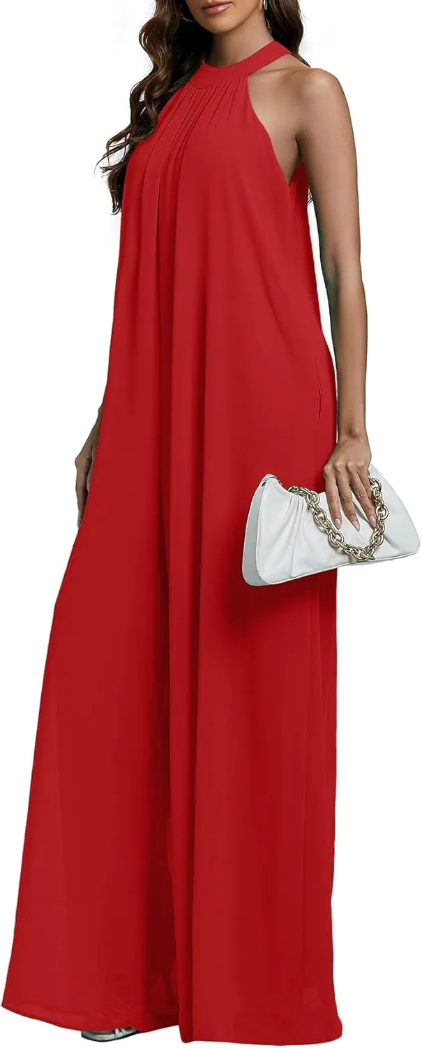 LYANER Women's Halter Neck Sleeveless Chiffon Wide Leg Long Pants Jumpsuit Romper