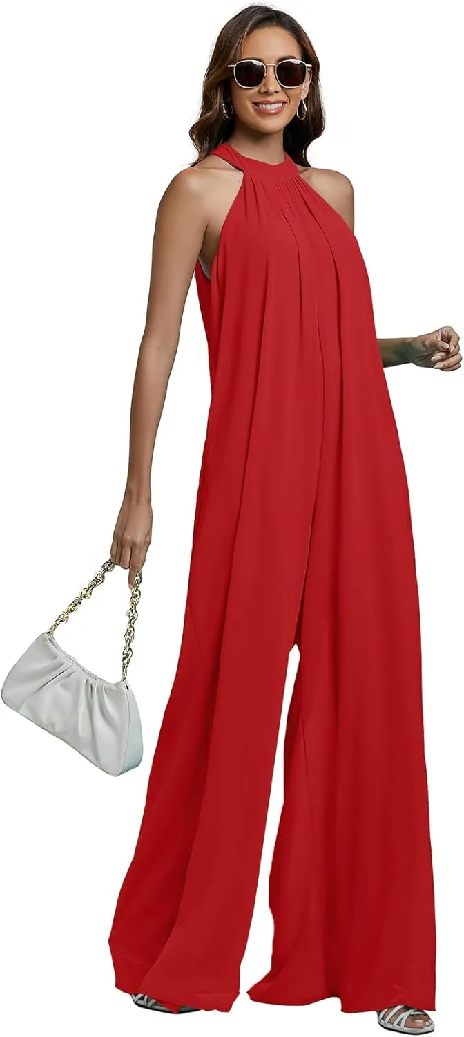 LYANER Women's Halter Neck Sleeveless Chiffon Wide Leg Long Pants Jumpsuit Romper
