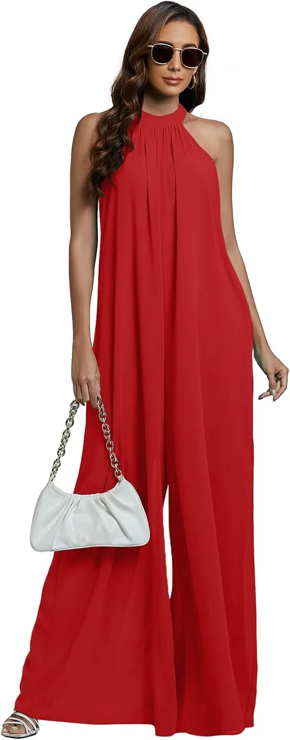 LYANER Women's Halter Neck Sleeveless Chiffon Wide Leg Long Pants Jumpsuit Romper