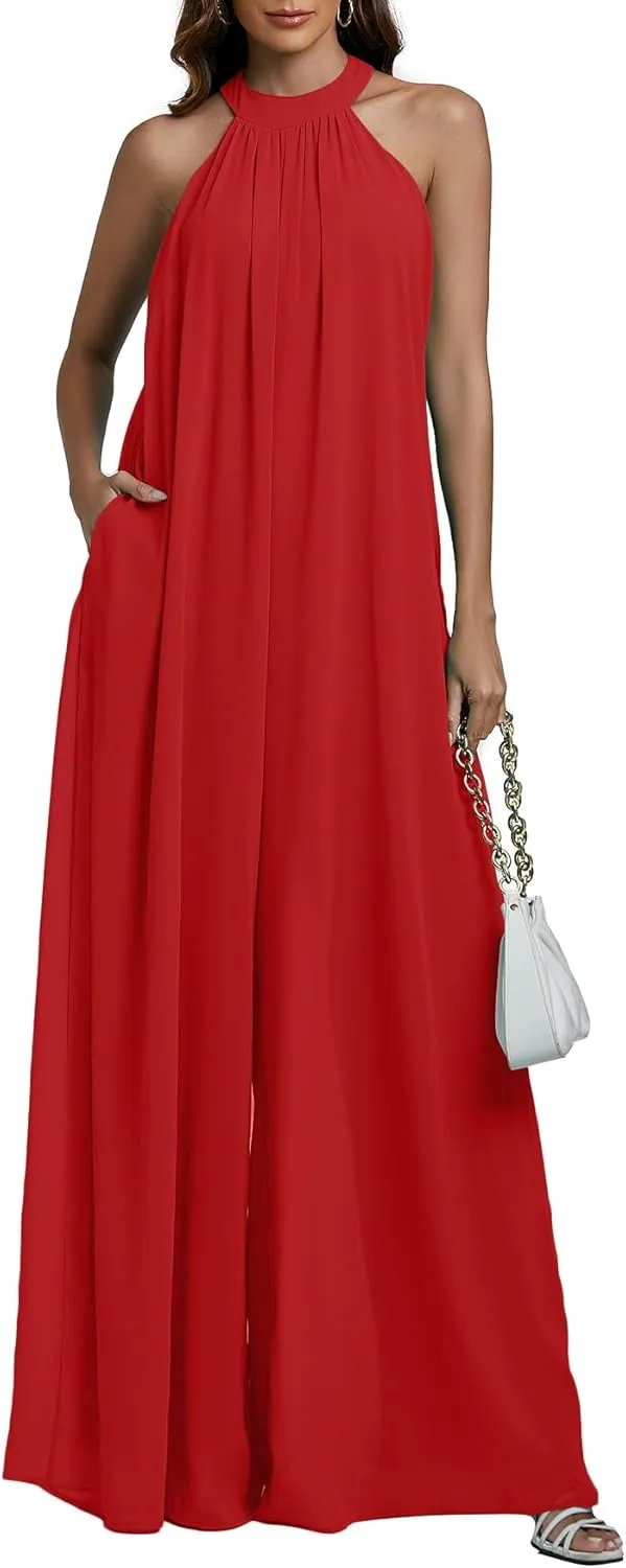 LYANER Women's Halter Neck Sleeveless Chiffon Wide Leg Long Pants Jumpsuit Romper